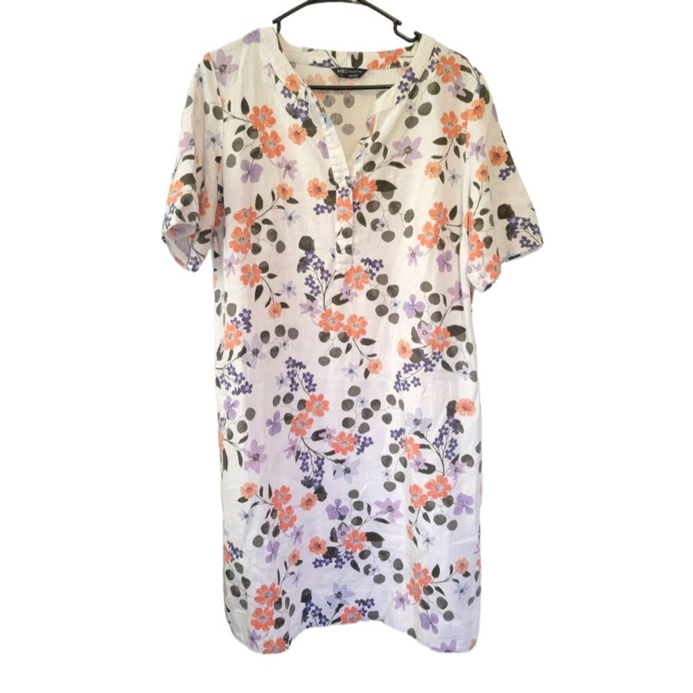 M&S Collection Cream Floral Linen Blend Midi Dress Size US 12
